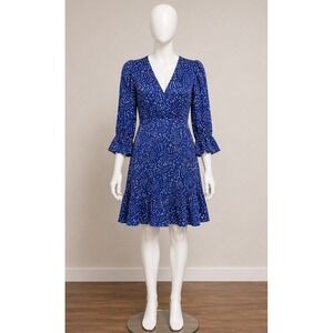 Harper Rose Blue White Abstract Print Dress V-Neck Ruffle Bell Sleeve Flare 10